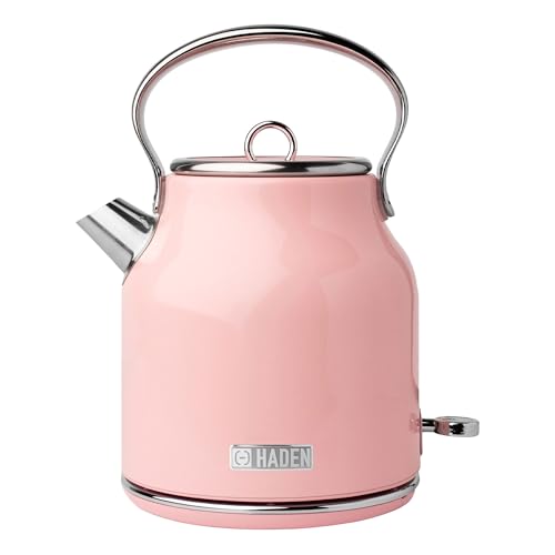 1.7 Liter Stainless Steel Body Retro Electric Tea Kettle with Heritage 4 Slice Wide Slot Stainless Steel Toaster, Pink
