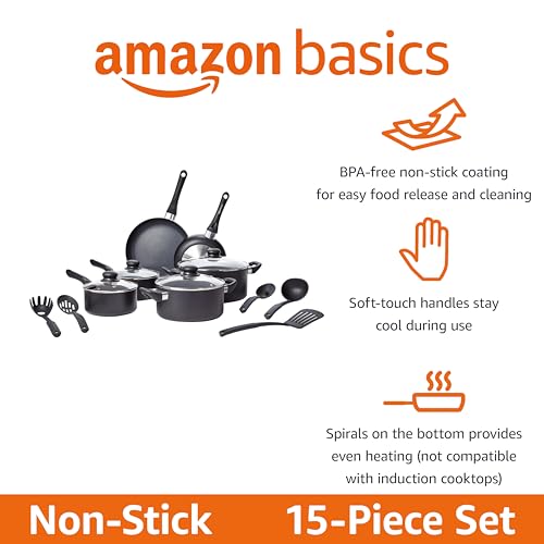 Basics Non-Stick Cookware 15-Piece Set, Pots, Pans and Utensils, Black