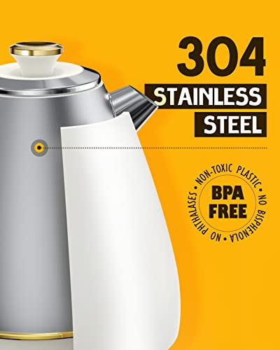 Retro Electric Kettle - 1.7 Liters / 57.5 Ounces Tea Kettle with Thermometer, All Stainless Steel, 1200 Watts Fast Boiling Automatic Shut Off