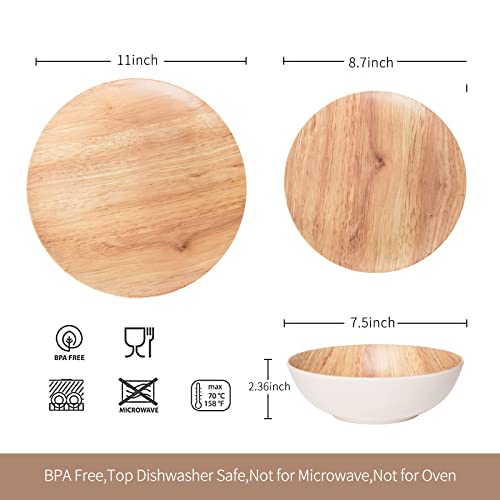 Melamine Dinnerware Set 18Pcs Wood-looking - Dish Dishware Wood Grain Woodland Plastic Outdoor Plates Bowls Durable Service for 6