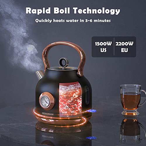 Retro Electric Kettle, 1.7L Stainless Steel Tea Kettle with Large Temperature Gauge