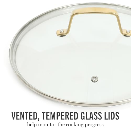 10 Piece Stainless Steel Pans Non-Toxic Kitchen Cookware Set Gold Handles