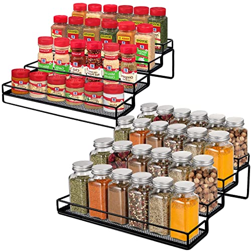 Spice Rack Organizer for Cabinet, 4 Tier Seasoning Organizer, Expandable Shelf,Step Storage Holder, Kitchen Cabinet Countertop,with Protection Railing, Metal (Black,2 PC)