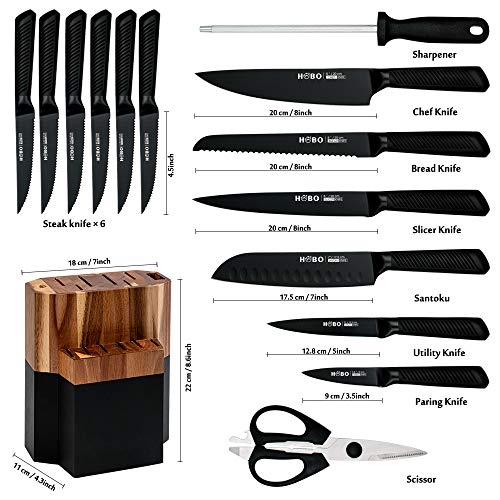 Knife Block Set, 15 Piece Kitchen Knife Set with 6 Steak Knife Set