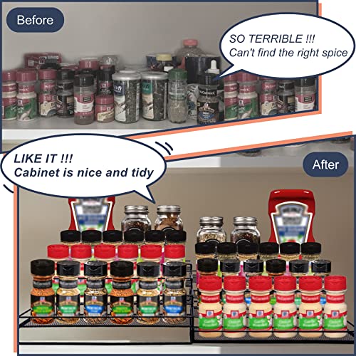 Spice Rack Organizer for Cabinet, 4 Tier Seasoning Organizer, Expandable Shelf,Step Storage Holder, Kitchen Cabinet Countertop,with Protection Railing, Metal (Black,2 PC)