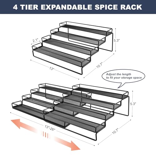 Spice Rack Organizer for Cabinet, 4 Tier Seasoning Organizer, Expandable Shelf,Step Storage Holder, Kitchen Cabinet Countertop,with Protection Railing, Metal (Black,2 PC)