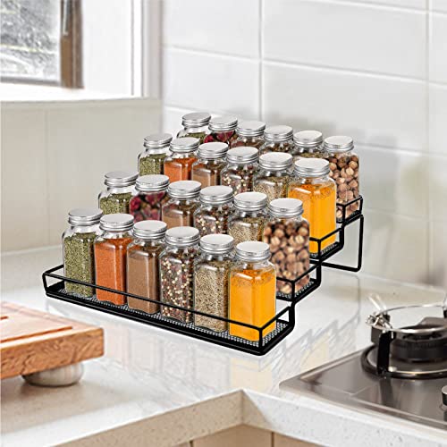 Spice Rack Organizer for Cabinet, 4 Tier Seasoning Organizer, Expandable Shelf,Step Storage Holder, Kitchen Cabinet Countertop,with Protection Railing, Metal (Black,2 PC)