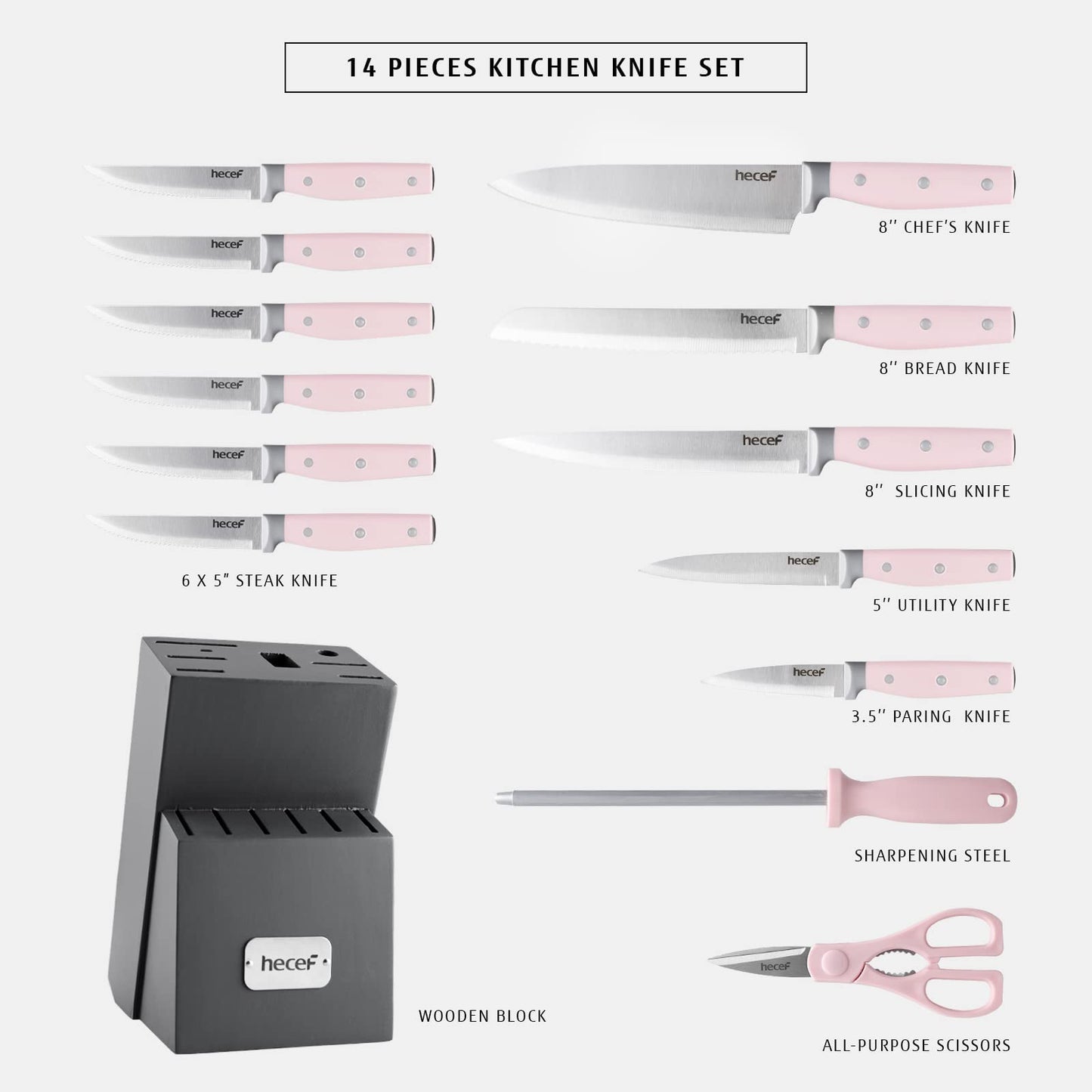 14 Pieces Knife Set with Wooden Block & Sharpener Steel