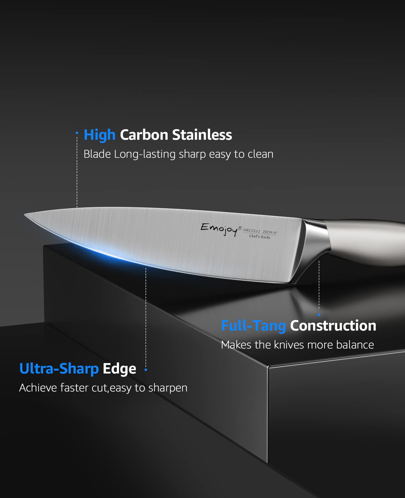 Emojoy Knife Set with Block, 15 Pieces Kitchen Knife Set with Built-in Sharpener