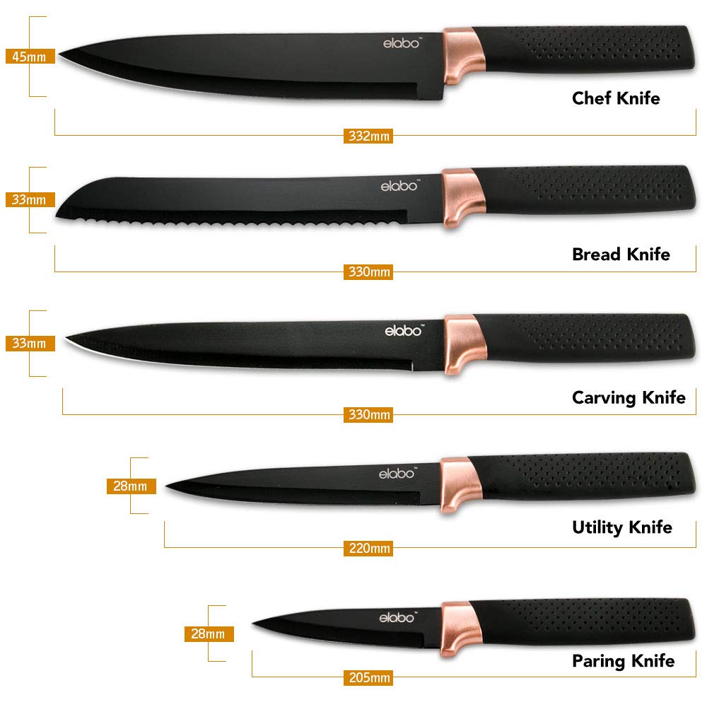 5 Piece Black Kitchen Knife Set - Stainless Steel Non-Stick Coating Knives