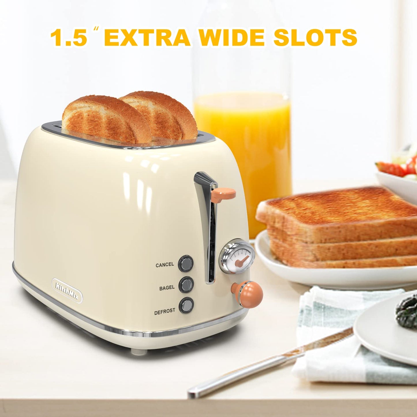 Toaster 2 slice Retro Stainless Steel Toaster with 6 Settings 1.5 In Extra Wide Slots