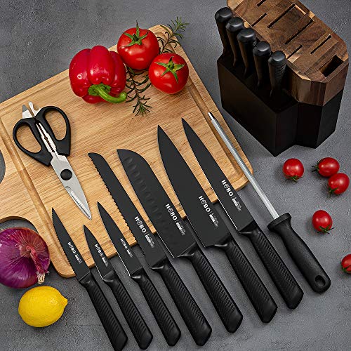 Knife Block Set, 15 Piece Kitchen Knife Set with 6 Steak Knife Set