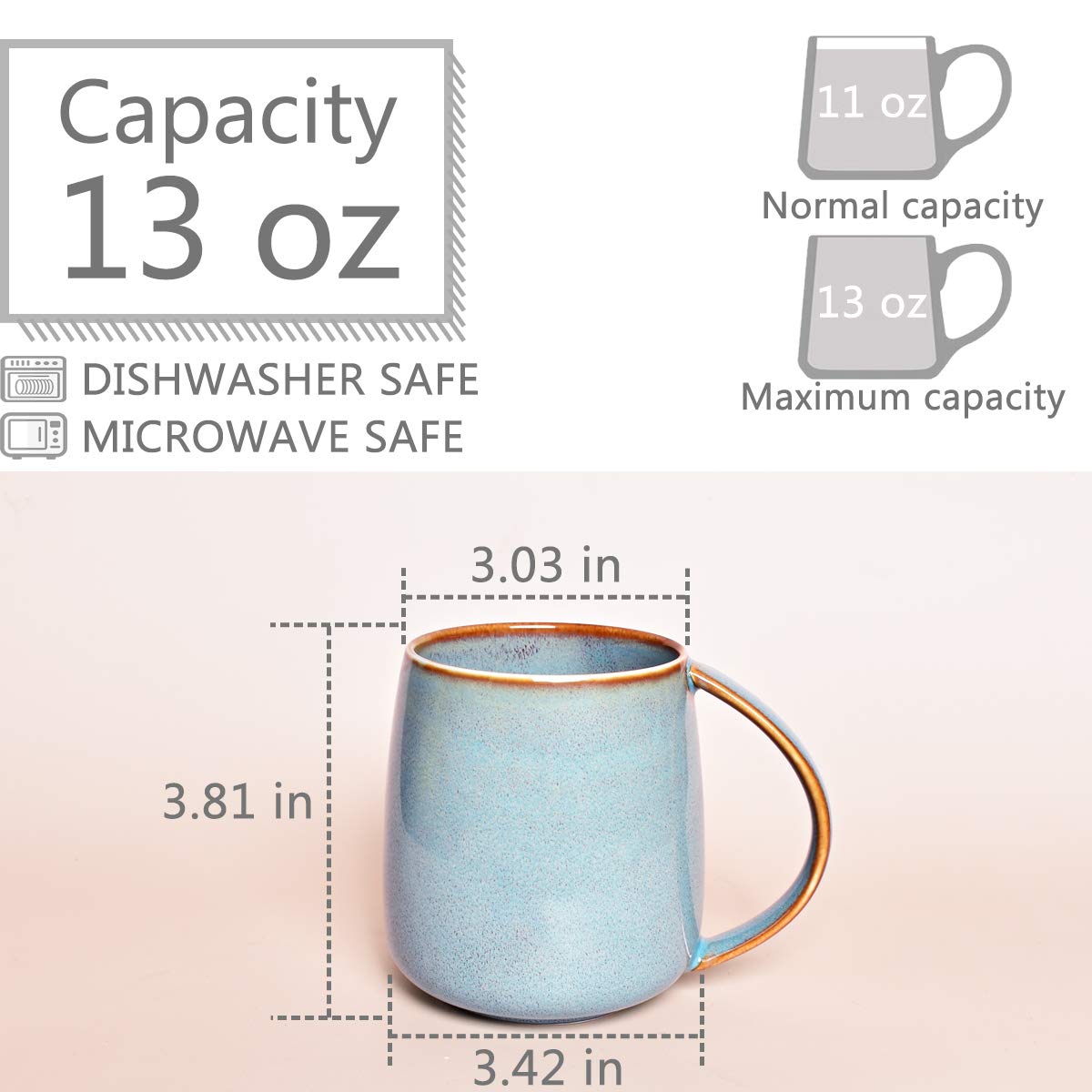 Bosmarlin Matte Ceramic Coffee Mug, Tea Cup for Office and Home, 13 oz, Dishwasher and Microwave Safe, 1 Pack (Lake Blue(Glossy))