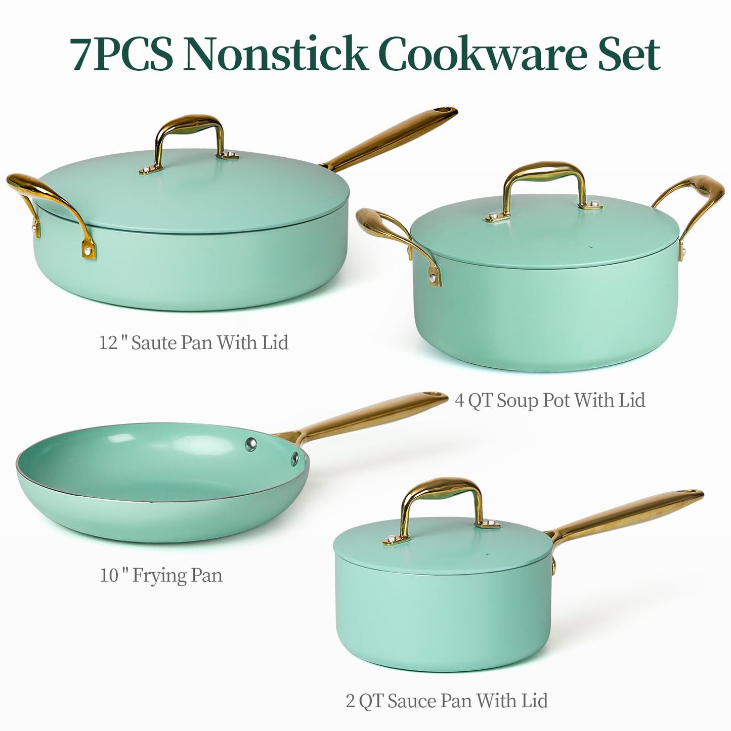 Nonstick Pots and Pans Set,Green Nonstick Cookware Sets, Pans Cooking Set 7 Pcs Non Stick Cooking Set w/Frying Pans & Saucepans Non-toxic Kitchen Cooking Set Compatible With All Cooktops