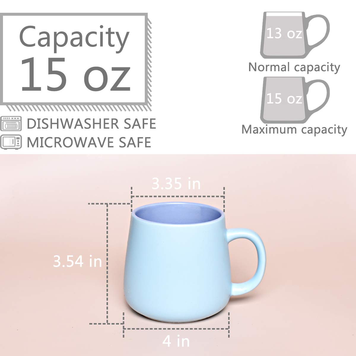 Bosmarlin Matte Ceramic Coffee Mug, Blue Tea Cup for Office and Home, 15 oz, Dishwasher and Microwave Safe, 1 Pack (Blue)