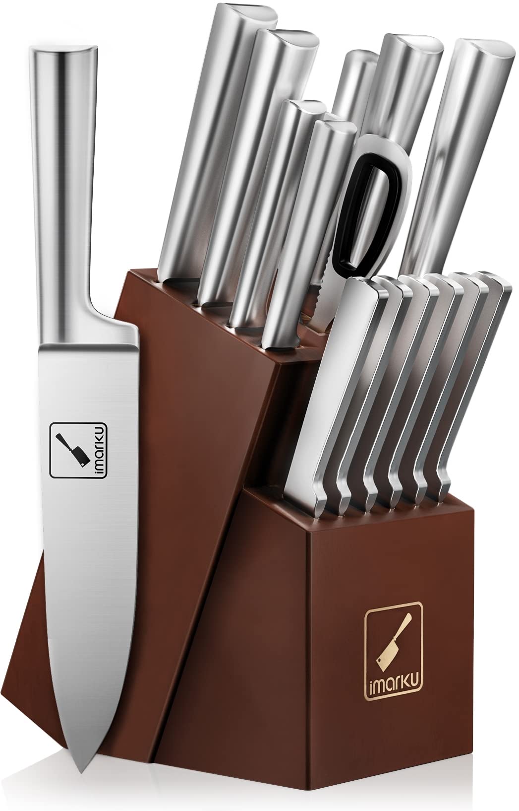 imarku Knife Set - Kitchen Knife Set 15 Pieces Japanese Stainless Steel Knife Block Set with Sharpener - Dishwasher Safe Kitchen Knives - Ultra Sharp Chef Knife Set for Kitchen, Silver