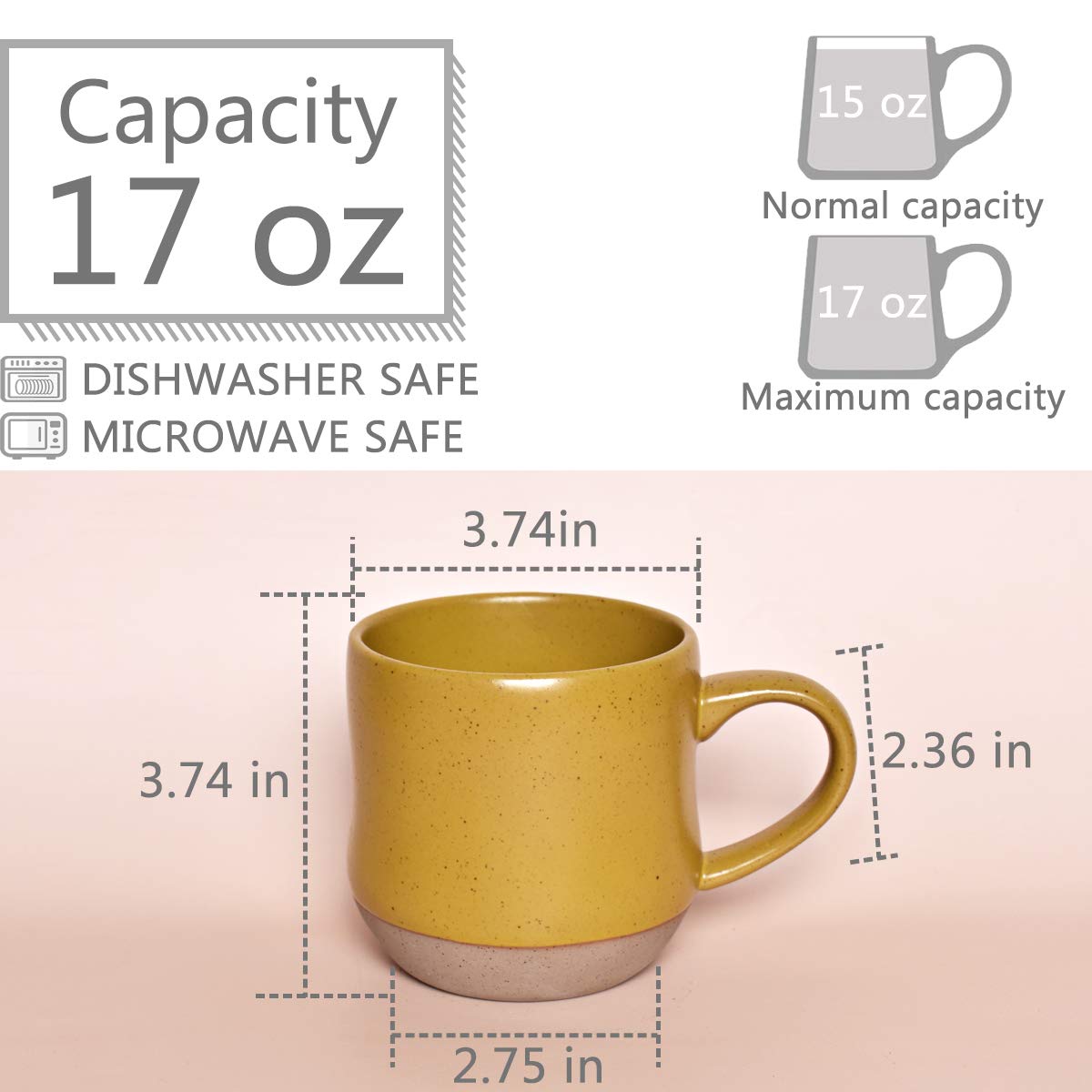Bosmarlin Large Stoneware Speckled Coffee Mug, Big Ceramic Tea Cup, 17 Oz, Dishwasher and Microwave Safe (Yellow, 1)