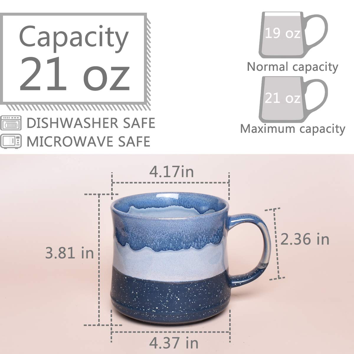 Large Ceramic Coffee Mug, Big Tea Cup for Office and Home, 21 Oz, Dishwasher