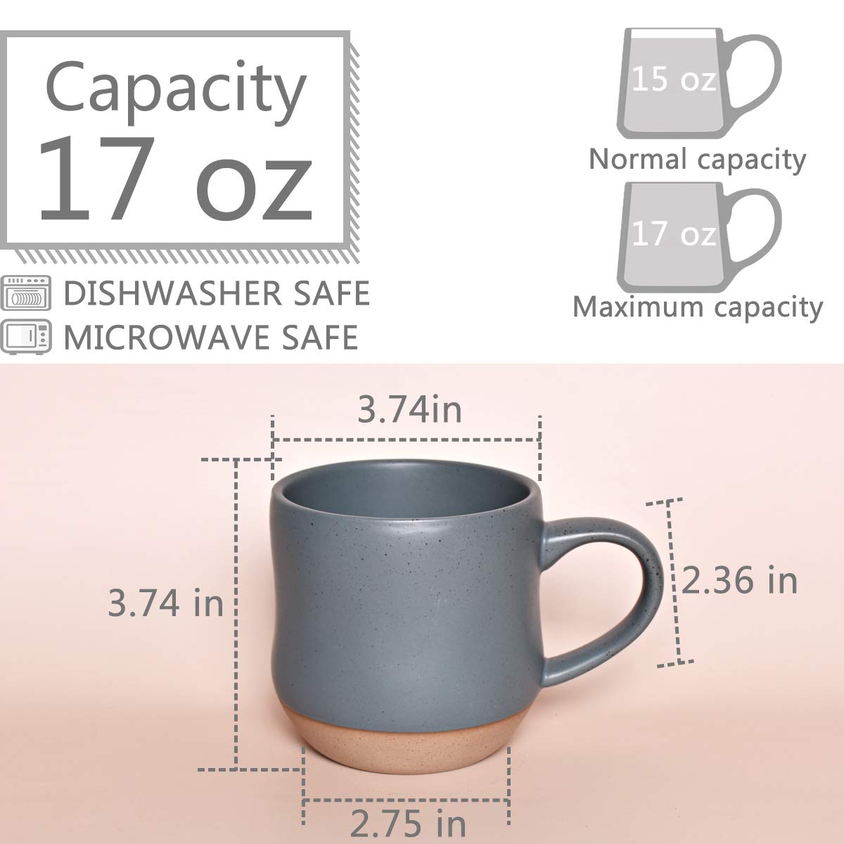 Large Stoneware Speckled Coffee Mug, Big Ceramic Tea Cup, 17 Oz