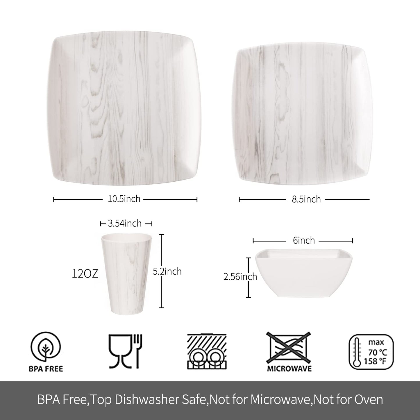 Melamine Dinnerware Set 16Pcs Wood-looking - Dish Dishware Square