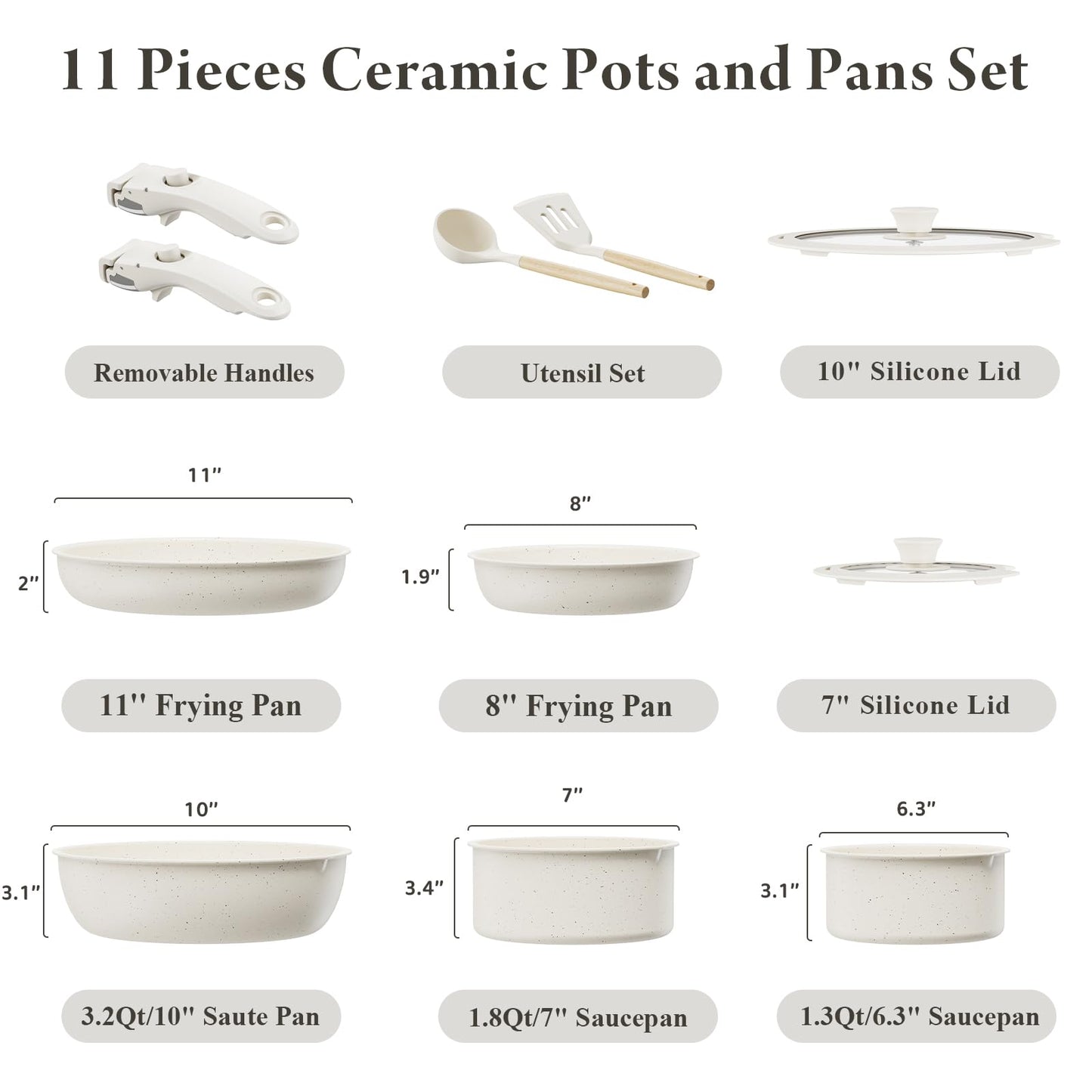 11 Pcs Pots and Pans Set Non Stick with Removable Handles, Ceramic Cookware Set