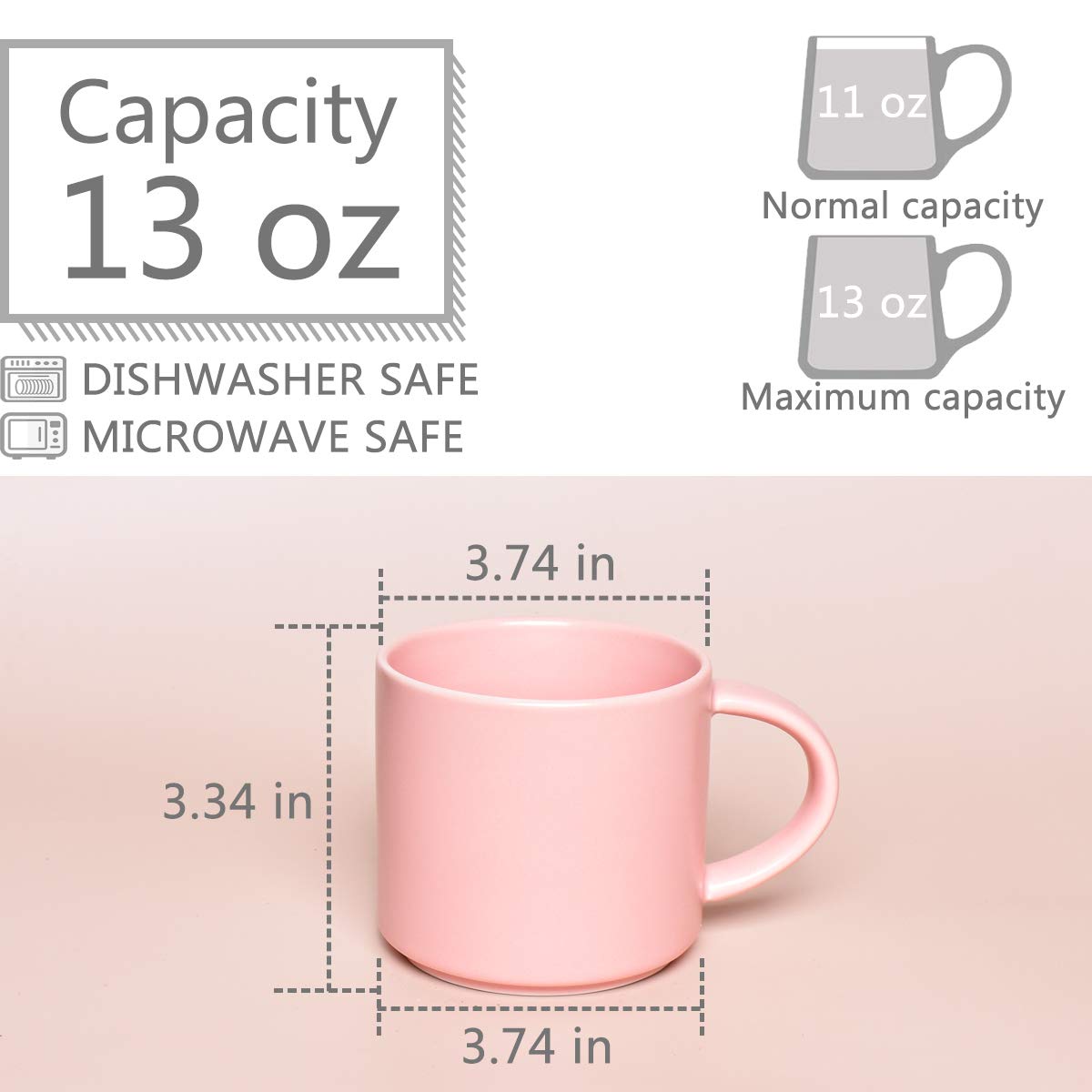 Bosmarlin Matte Ceramic Coffee Mug for Office and Home, 13 oz, Dishwasher and Microwave Safe (Pink, 1)