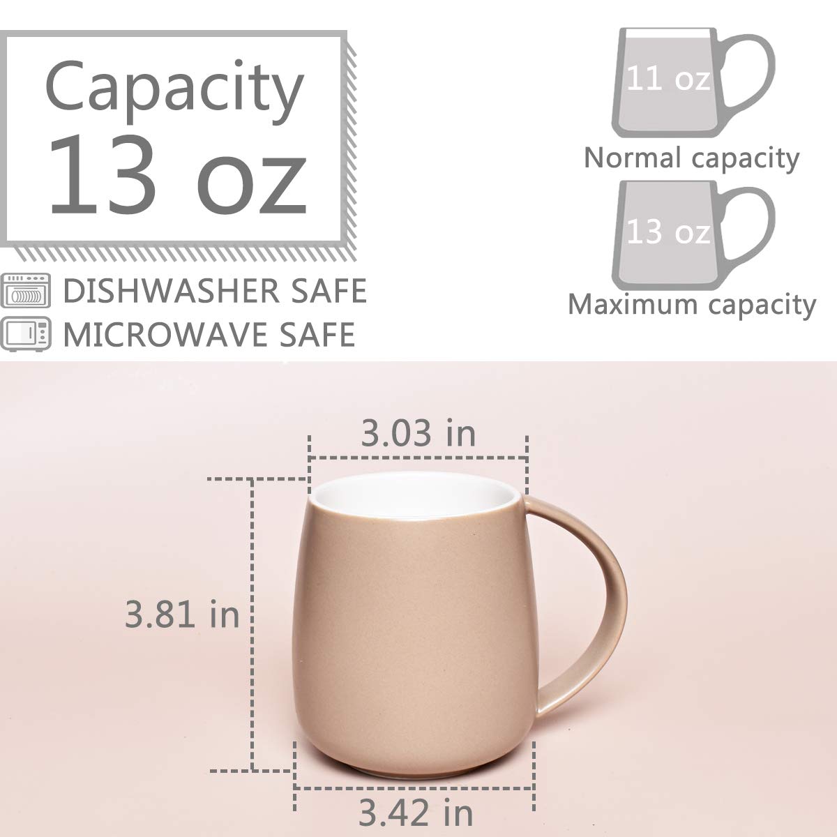 Bosmarlin Matte Ceramic Coffee Mug, Tea Cup for Office and Home, 13 oz, Dishwasher and Microwave Safe, 1 Pack (Light Brown)