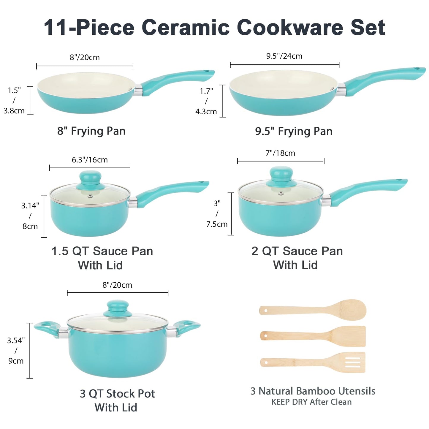 Pots and Pans Set Nonstick 11pcs Kitchen Cookware Sets Induction Cookware 100% PFOA Free Turquoise