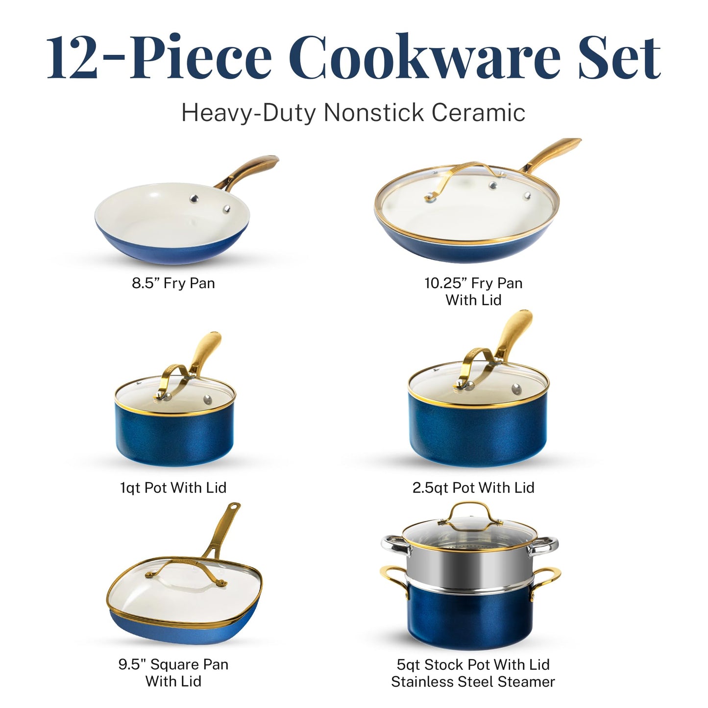 12 Pc Ceramic Pots and Pans Set Non Stick, Kitchen Cookware Sets, Pot and Pan Set, Ceramic Cookware Set, Non Toxic Cookware Set, Non Stick Pots and Pan Set, Dishwasher Safe - Cream Navy