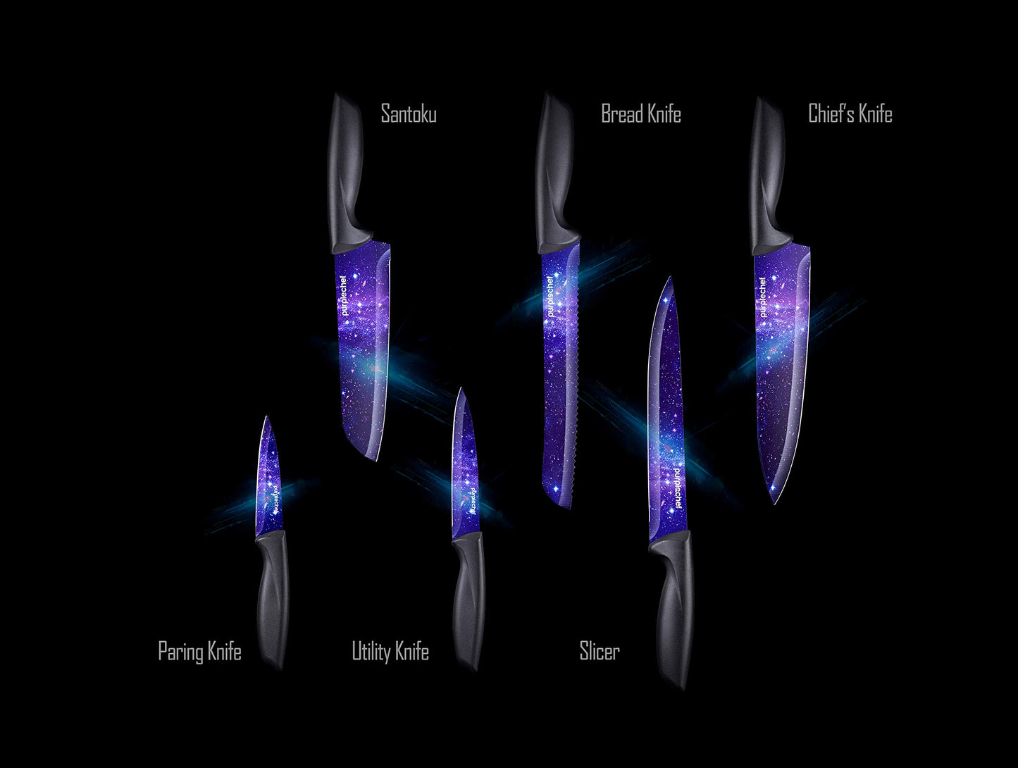 10 Pieces Purple Galaxy Kitchen Knives Set. Includes 6 Stainless Steel Knives