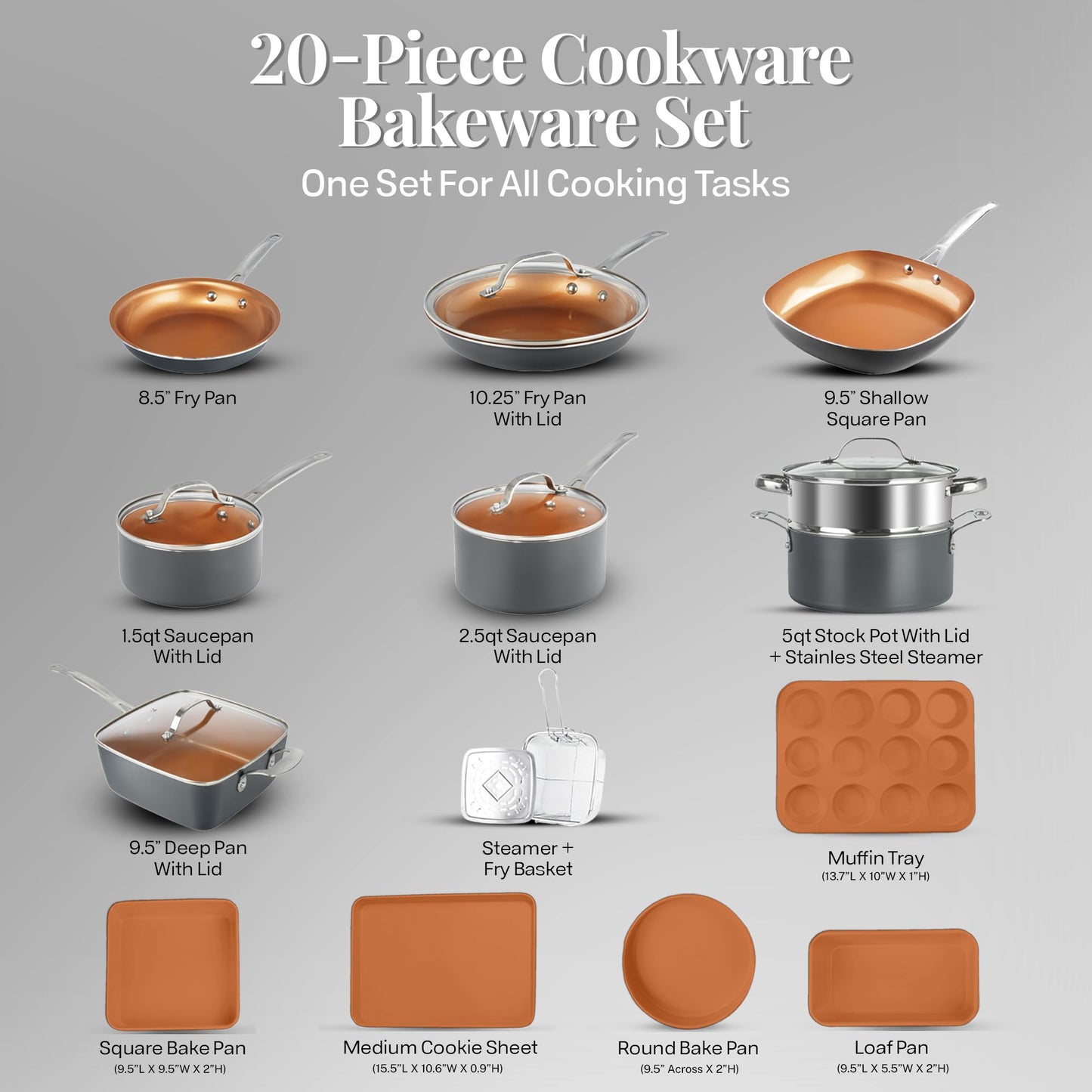 20 Pc Pots and Pans Set, Bakeware Set, Ceramic Cookware Set for Kitchen, Long Lasting Non Stick Pots and Pans Set with Lids Dishwasher / Oven Safe, Non Toxic-Copper