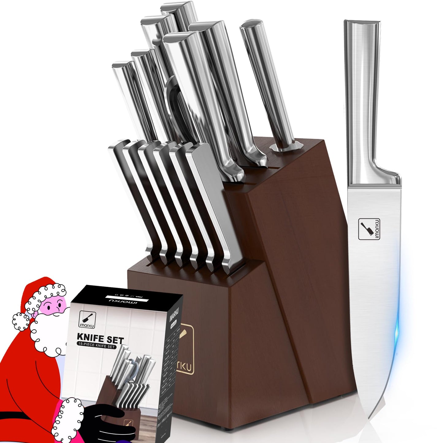 imarku Knife Set - Kitchen Knife Set 15 Pieces Japanese Stainless Steel Knife Block Set with Sharpener - Dishwasher Safe Kitchen Knives - Ultra Sharp Chef Knife Set for Kitchen, Silver