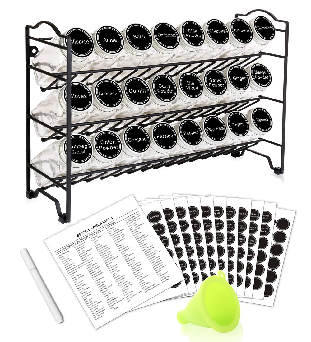 Spice Rack Organizer with 24 Empty Glass Spice Jars, 396 Spice Labels with Chalk Marker and Funnel Complete Set, for Countertop, Cabinet or Wall Mount, Black