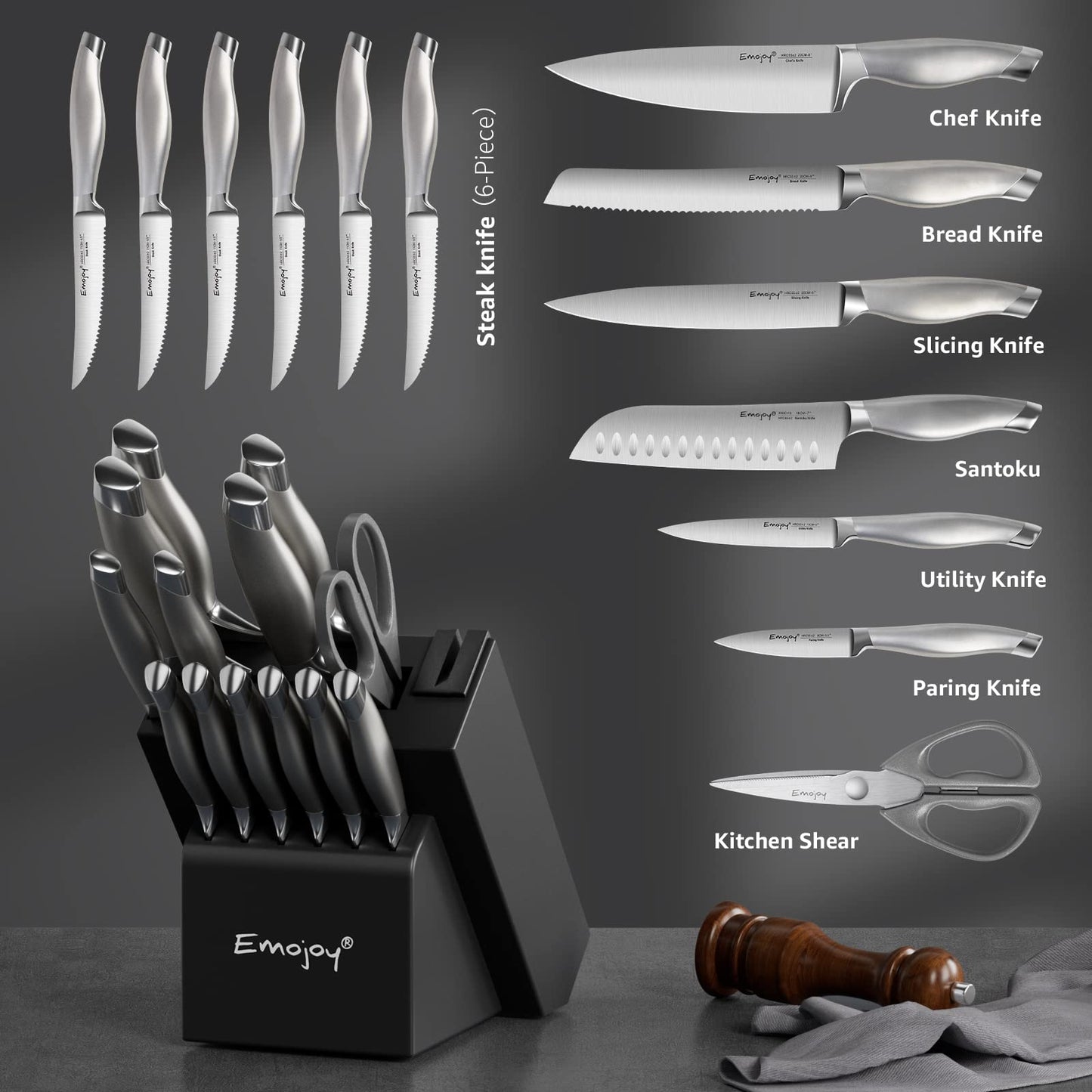 Emojoy Knife Set with Block, 15 Pieces Kitchen Knife Set with Built-in Sharpener