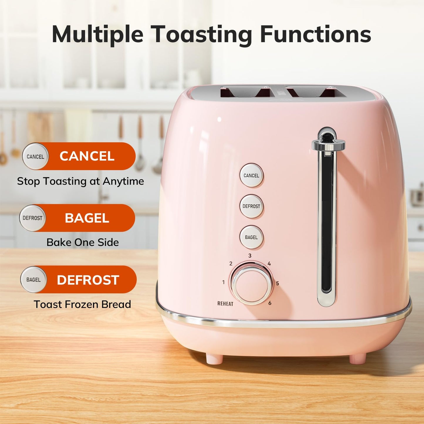 2 Slice Toaster Retro Stainless Steel Toaster with Bagel, Cancel, Defrost Function