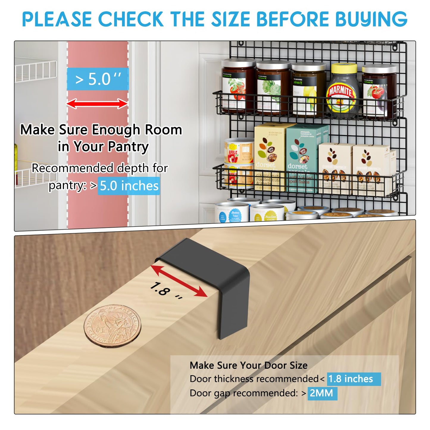 6-Tier Spice Rack Organizer with Door Hook, Wall Mounted & Over the Door Spice Racks for Kitchen Pantry Door Cabinet, Two Size, Large Capacity, Black