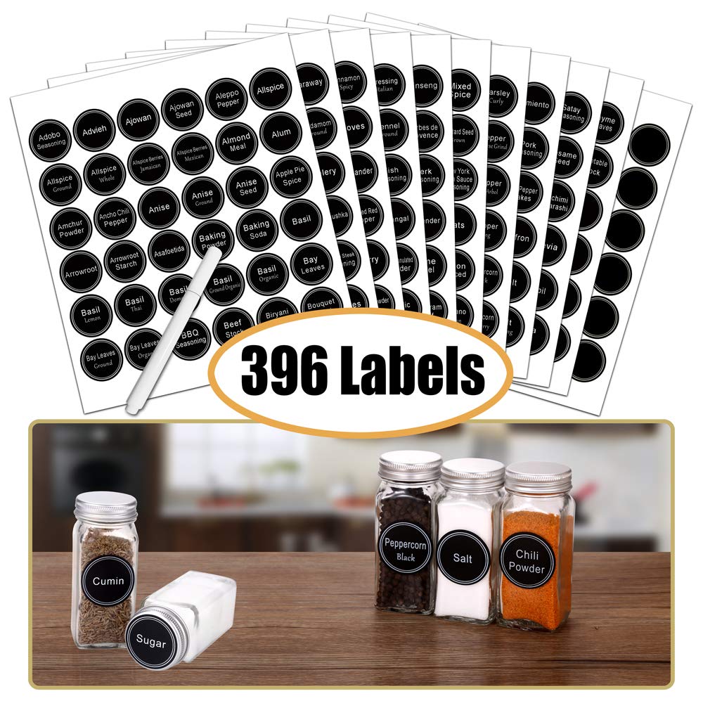 Spice Rack Organizer with 24 Empty Glass Spice Jars, 396 Spice Labels with Chalk Marker and Funnel Complete Set, for Countertop, Cabinet or Wall Mount, Black