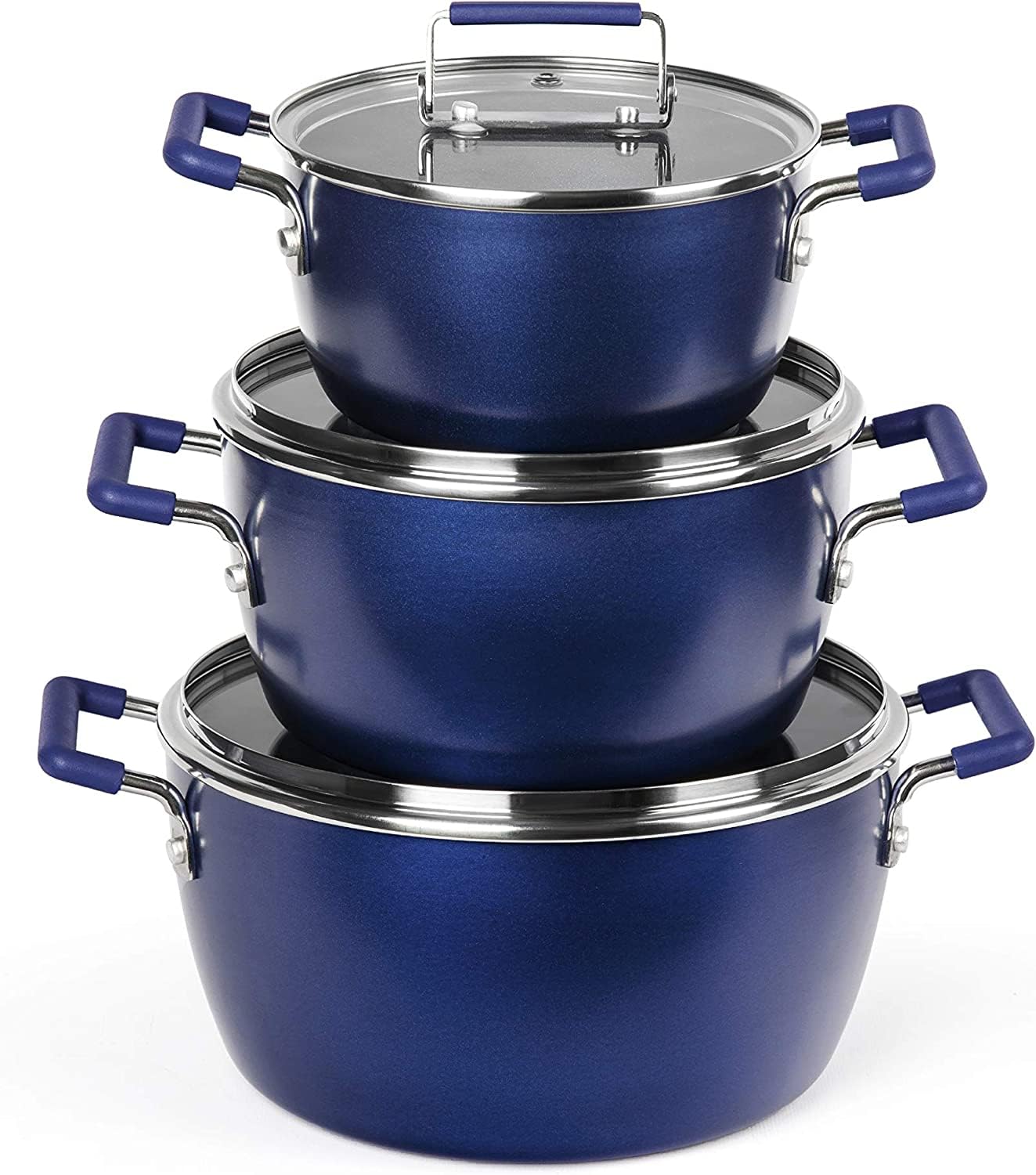 Blue Pots and Pans Set Nonstick 6 Stackable Piece Cooking Pots Set Kitchen Pots