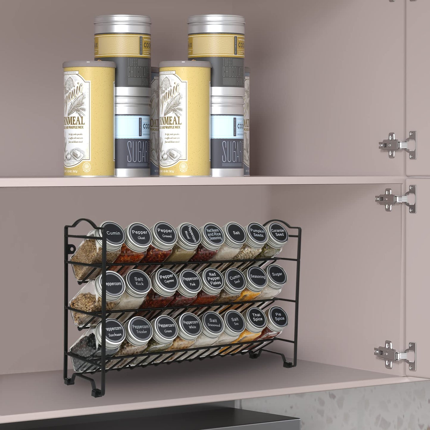 Spice Rack Organizer with 24 Empty Glass Spice Jars, 396 Spice Labels with Chalk Marker and Funnel Complete Set, for Countertop, Cabinet or Wall Mount, Black