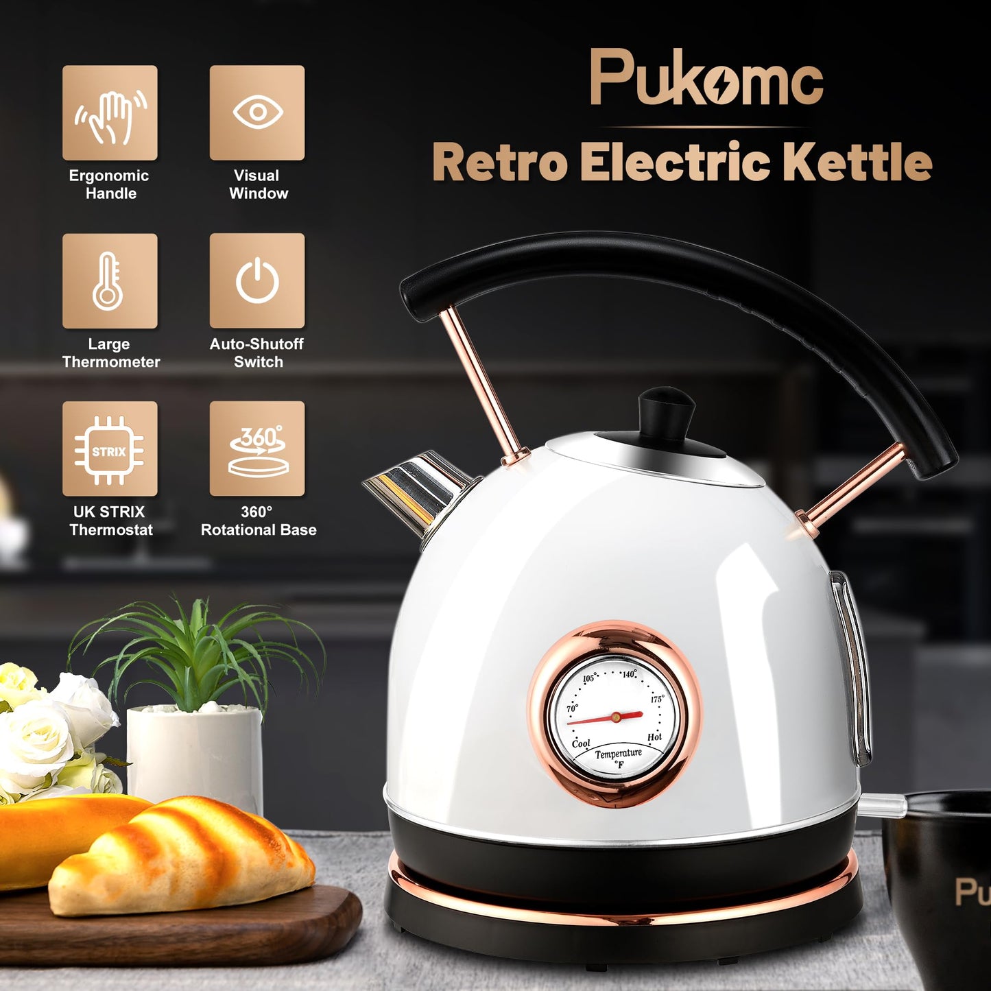 Retro Electric Kettle Stainless Steel 1.7L Tea Kettle, Hot Water Boiler with Temperature Gauge, Led Light, Fast Boiling