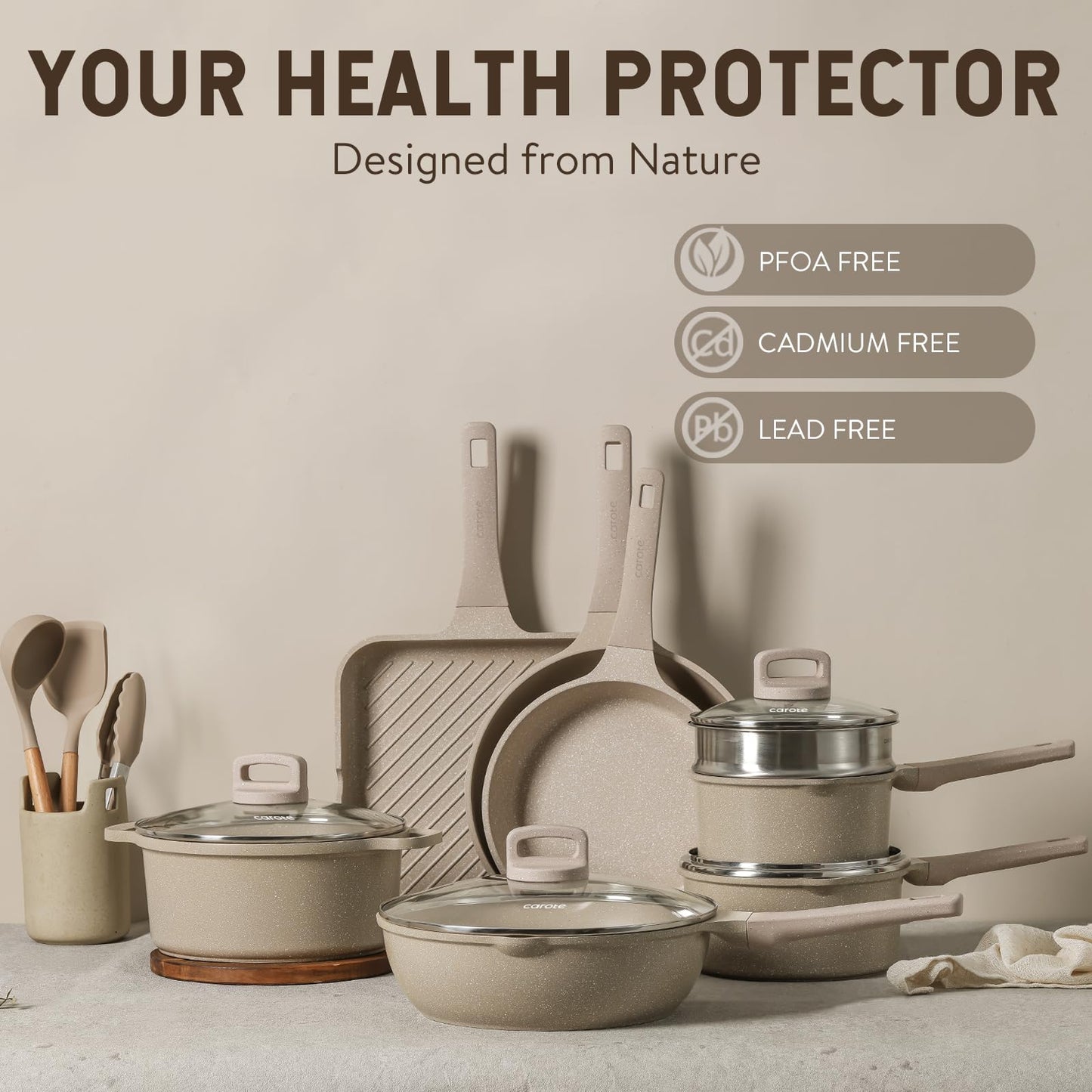 CAROTE Pots and Pans Set Non Stick, 16Pcs Kitchen Cookware Set, Stackable Induction Cookware, Pot and Pan set, Pans for Cooking, Taupe Granite