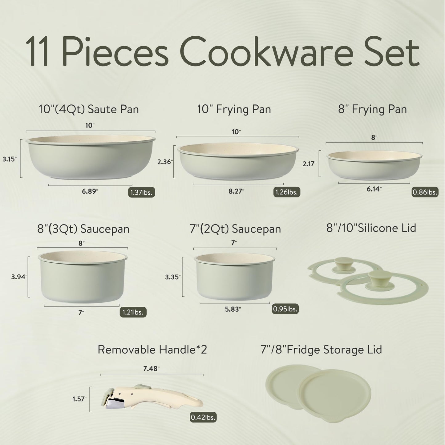 11pcs Pots and Pans Set, Nonstick Cookware Set Detachable Handle, Induction Kitchen Cookware Sets Non Stick with Removable Handle, RV Cookware Set, Oven Safe, Green