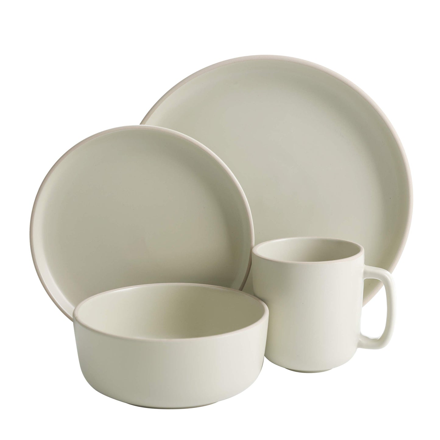 Zuma 16 Piece Round Kitchen Dinnerware Set, Dishes, Plates, Bowls, Mugs, Service for 4, Matte Stoneware, Cream