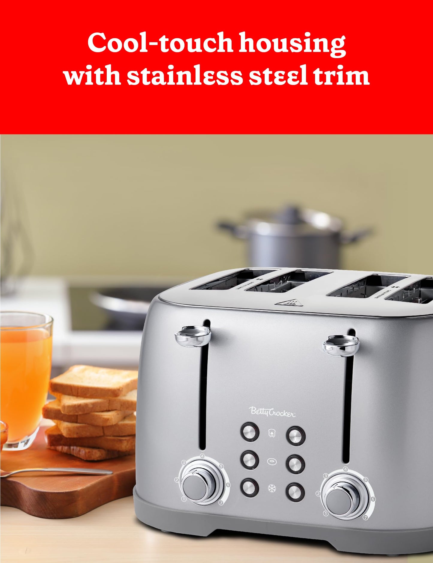 Betty Crocker 4-Slice Multi-Function Toaster, Toaster 4 Slice with Extra Wide Slots for Thick Bread
