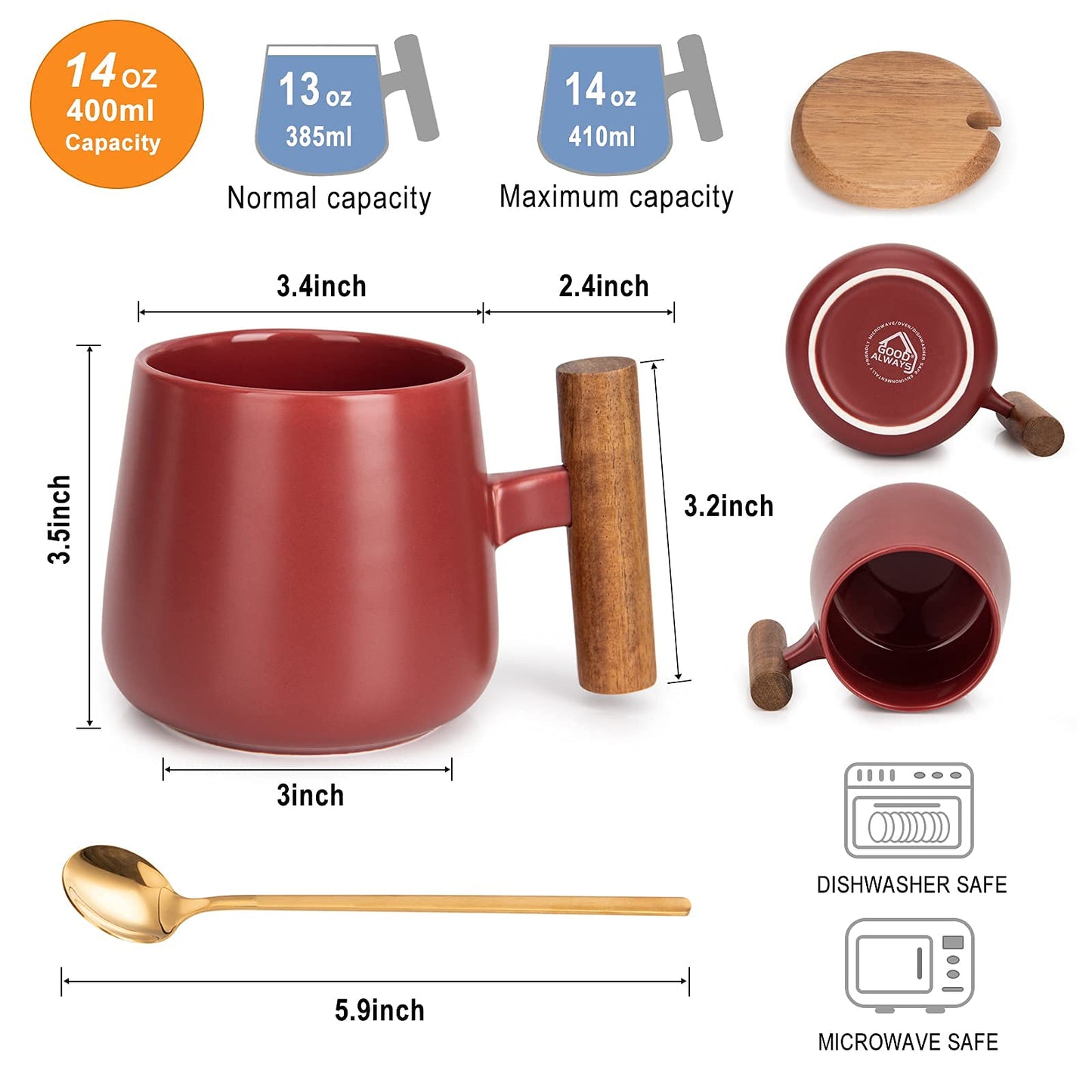 GOOD ALWAYS 14 Oz Ceramic Coffee Mug with Lid and Coffee Spoon for Latte,Cappuccino Mug, Cocoa Mug, Tea Mug, Valentines Day, Christmas, Birthday Gifts for Women, 1 Pack (Matte Red)