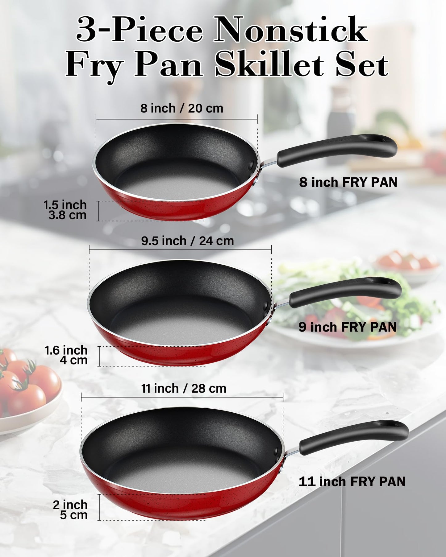 Home Nonstick Frying Pans Set 3 Piece, 8, 9.5, 11-Inch Kitchen Cooking Skillets