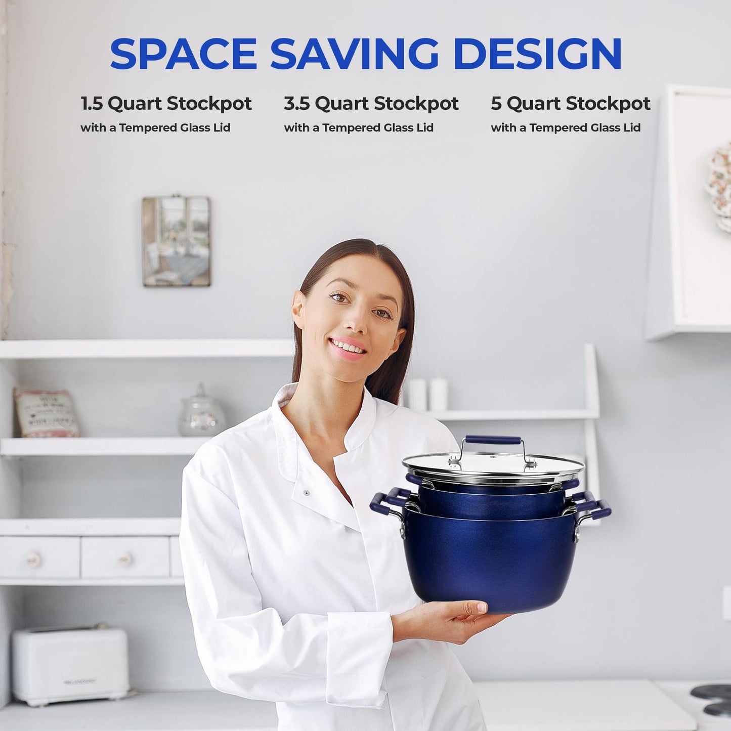 Blue Pots and Pans Set Nonstick 6 Stackable Piece Cooking Pots Set Kitchen Pots