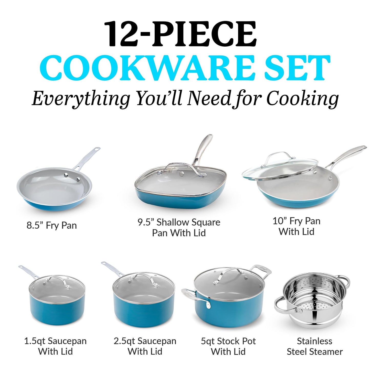 Aqua Blue Pots and Pans Set, 12 Piece Nonstick Ceramic Cookware, Includes Frying Pans, Stockpots & Saucepans, Stay Cool Handles, Oven & Dishwasher Safe, 100% PFOA Free, Turquoise