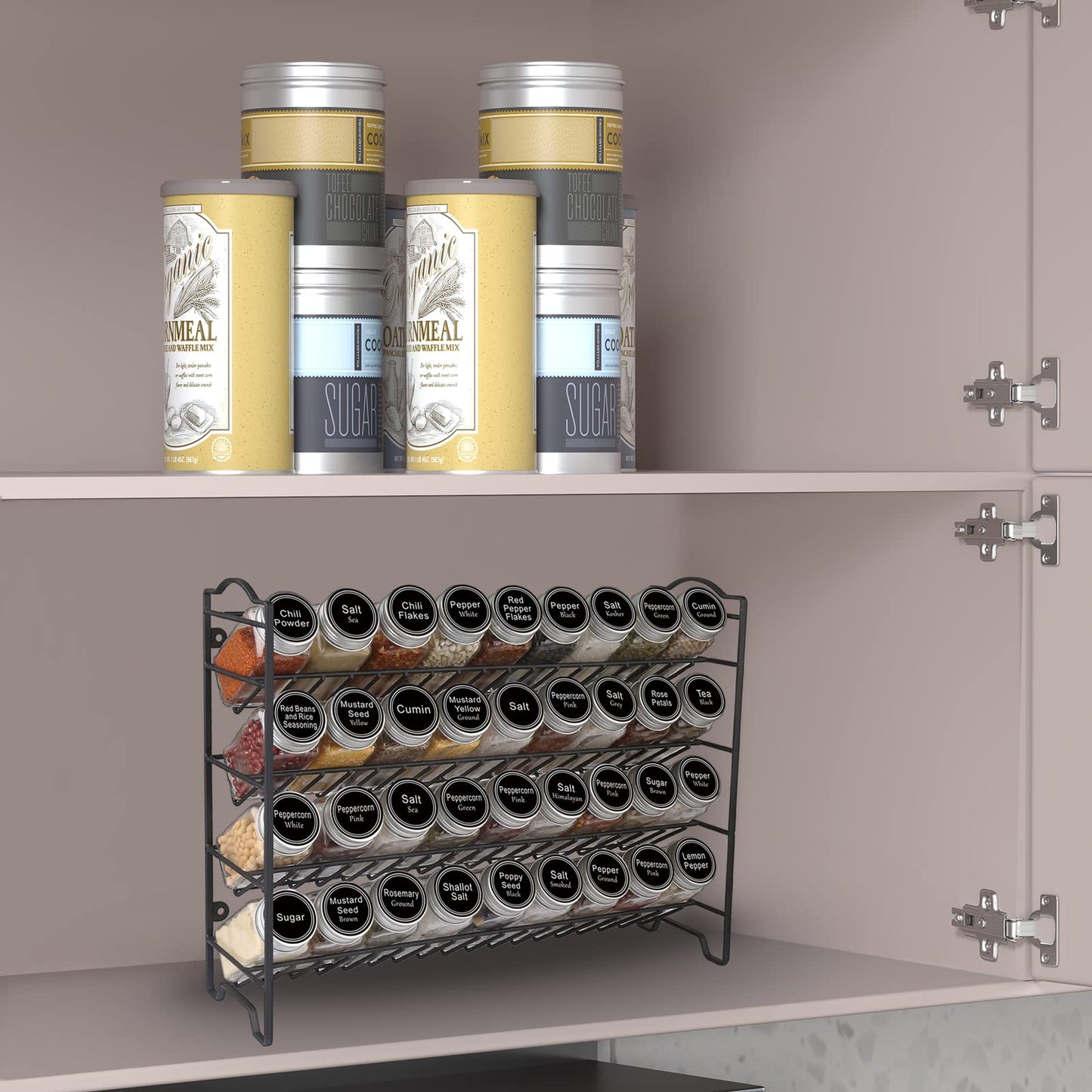 Spice Rack Organizer with 36 Empty Square Spice Jars, 396 Spice Labels with Chalk Marker and Funnel Complete Set, for Countertop, Cabinet or Wall Mount, Black