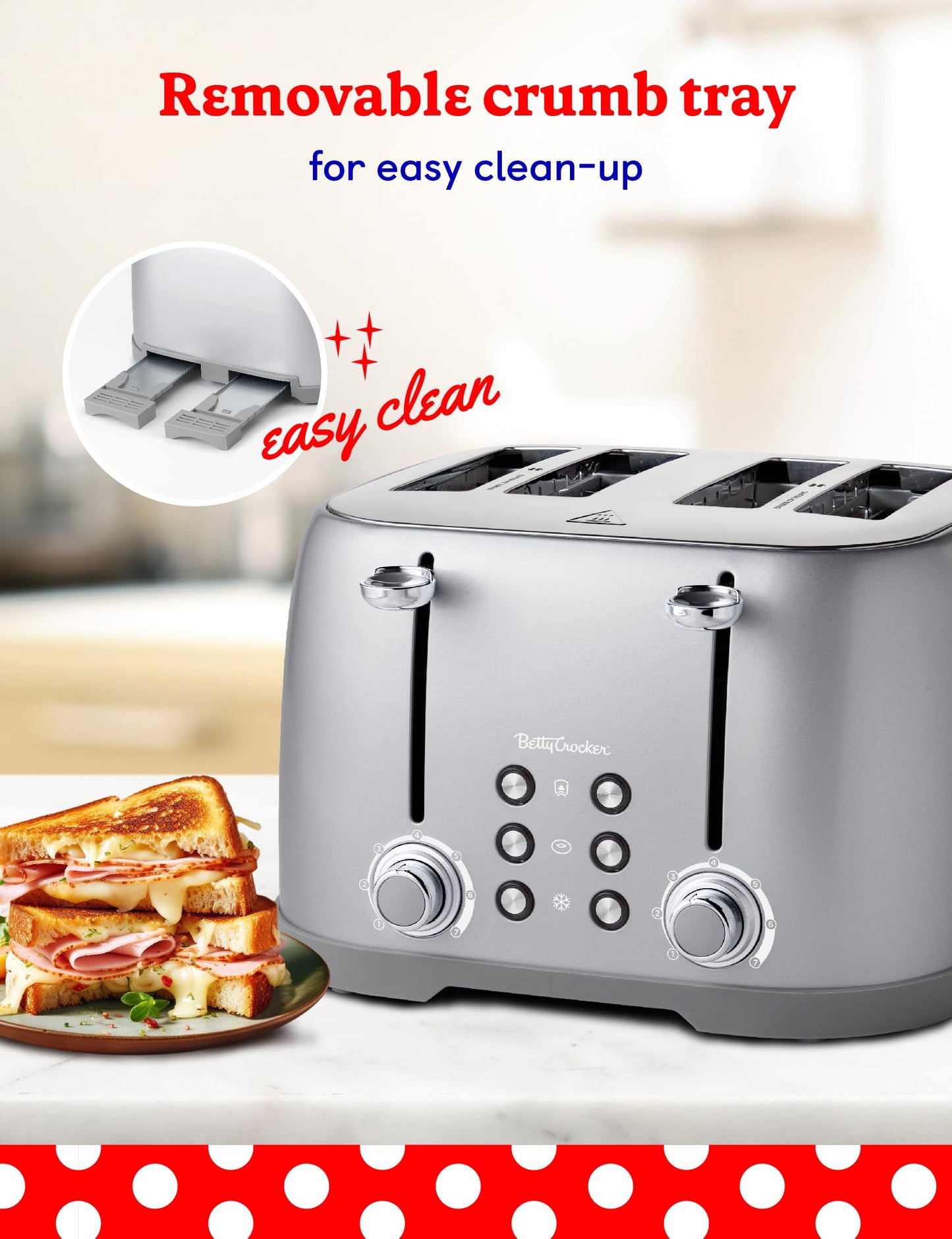 Betty Crocker 4-Slice Multi-Function Toaster, Toaster 4 Slice with Extra Wide Slots for Thick Bread